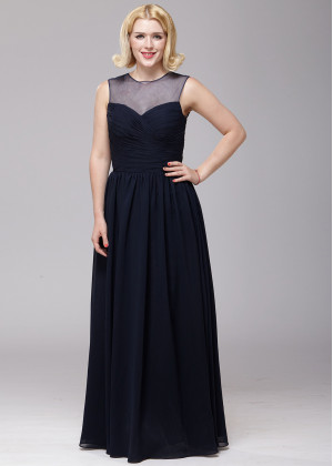 Sheer Neck Navy Blue Chiffon Affordable Bridesmaid Dress